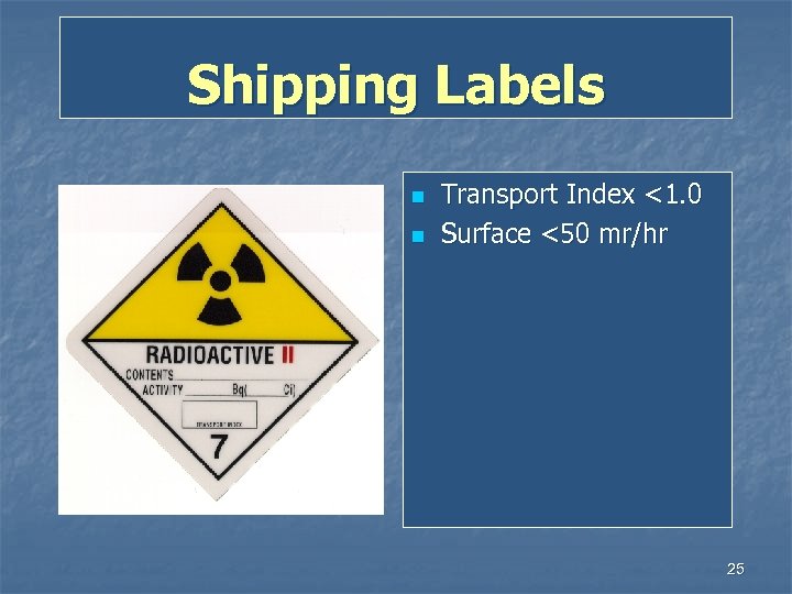 Shipping Labels n n Transport Index <1. 0 Surface <50 mr/hr 25 