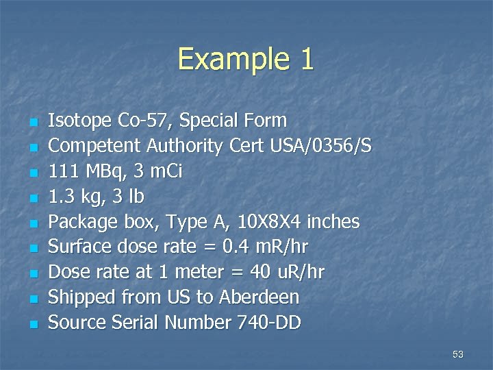 Example 1 n n n n n Isotope Co-57, Special Form Competent Authority Cert