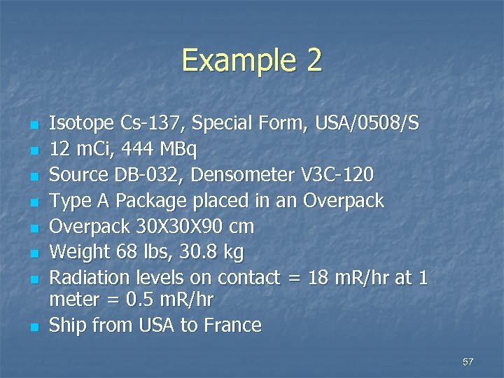 Example 2 n n n n Isotope Cs-137, Special Form, USA/0508/S 12 m. Ci,