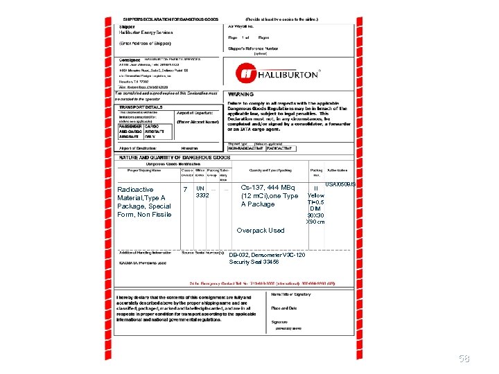 Radioactive Material, Type A Package, Special Form, Non Fissile 7 UN 3332 Cs-137, 444