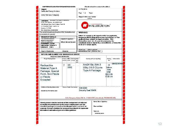 Radioactive Material, Type A Package, Special Form, Non Fissile or Fissile Excepted 7 UN