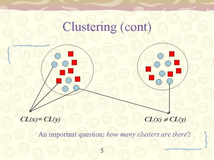 Clustering (cont) CL(x) CL(y) CL(x)= CL(y) An important question: how many clusters are there?