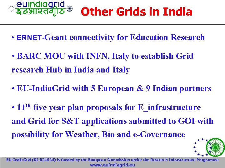 Other Grids in India • ERNET-Geant connectivity for Education Research • BARC MOU with