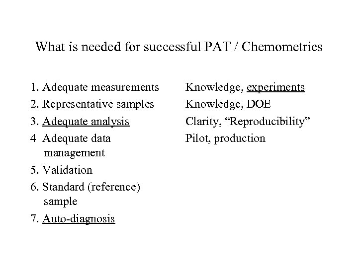 What is needed for successful PAT / Chemometrics 1. Adequate measurements 2. Representative samples