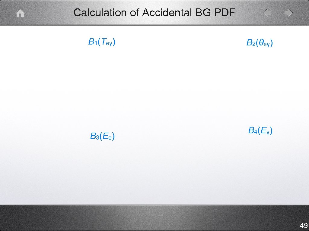 Calculation of Accidental BG PDF B 1(Teγ) B 3(Ee) B 2(θeγ) B 4(Eγ) 49