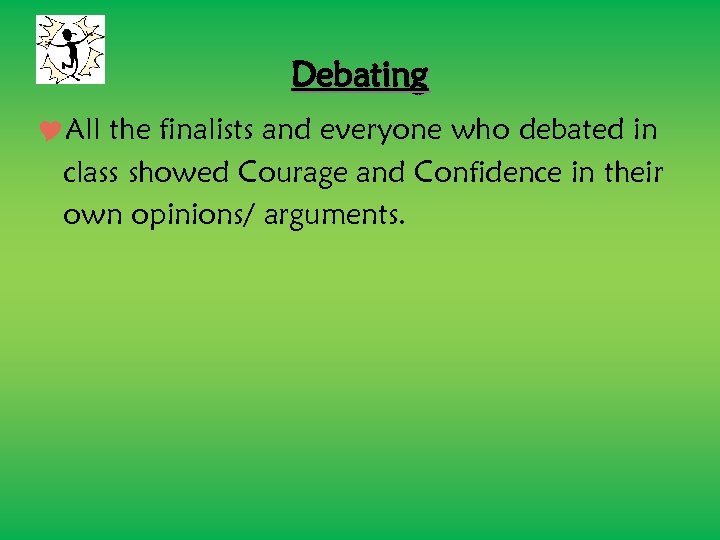 Debating All the finalists and everyone who debated in class showed Courage and Confidence