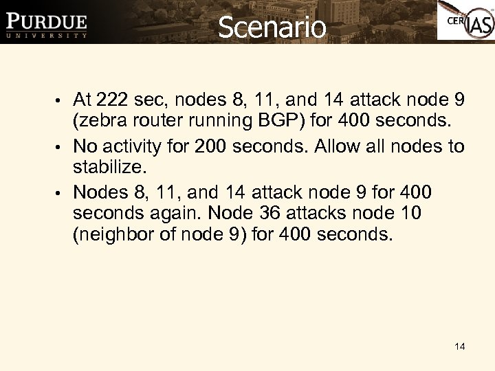 Scenario • At 222 sec, nodes 8, 11, and 14 attack node 9 (zebra