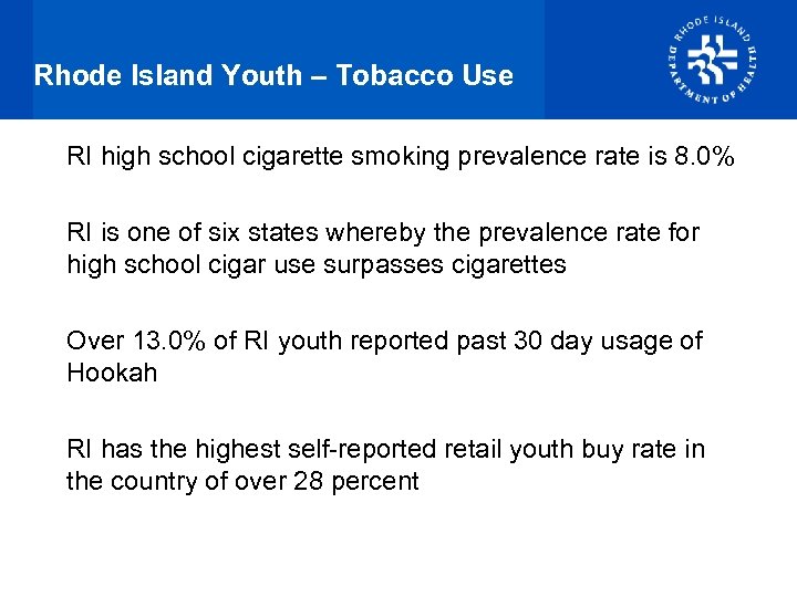 Rhode Island Youth – Tobacco Use RI high school cigarette smoking prevalence rate is