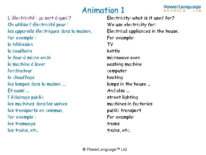 Animation 1 L'électricité : ça sert à quoi ? On utilise l'électricité pour :