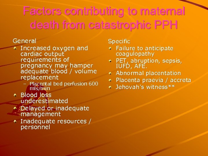 Factors contributing to maternal death from catastrophic PPH General Increased oxygen and cardiac output