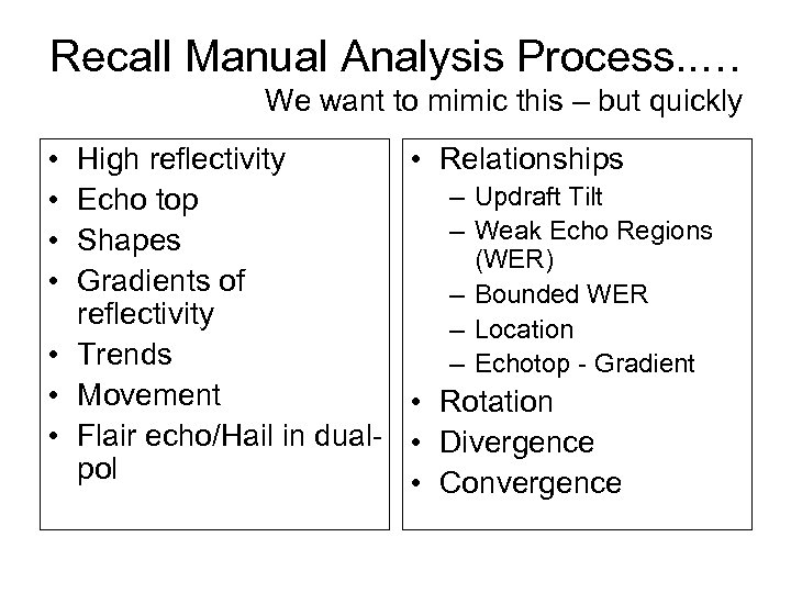 Recall Manual Analysis Process. . … We want to mimic this – but quickly