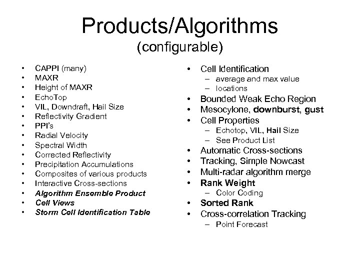 Products/Algorithms (configurable) • • • • CAPPI (many) MAXR Height of MAXR Echo. Top