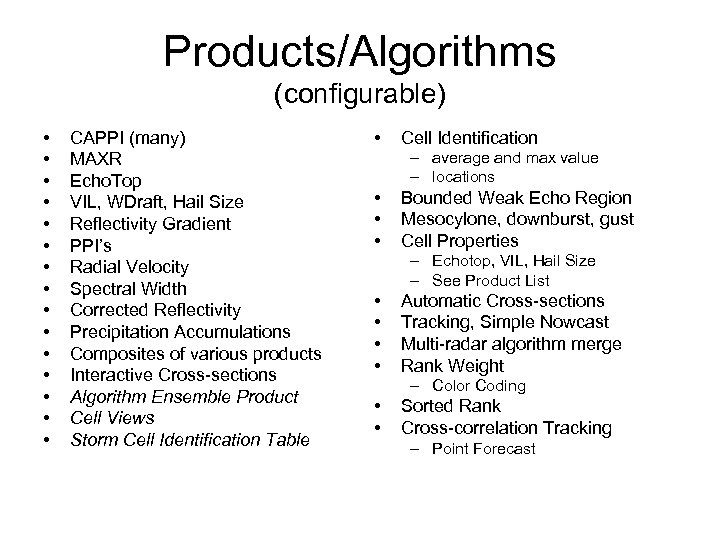 Products/Algorithms (configurable) • • • • CAPPI (many) MAXR Echo. Top VIL, WDraft, Hail