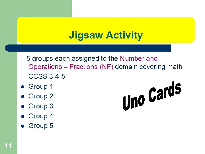 Jigsaw Activity 5 groups each assigned to the Number and Operations – Fractions (NF)