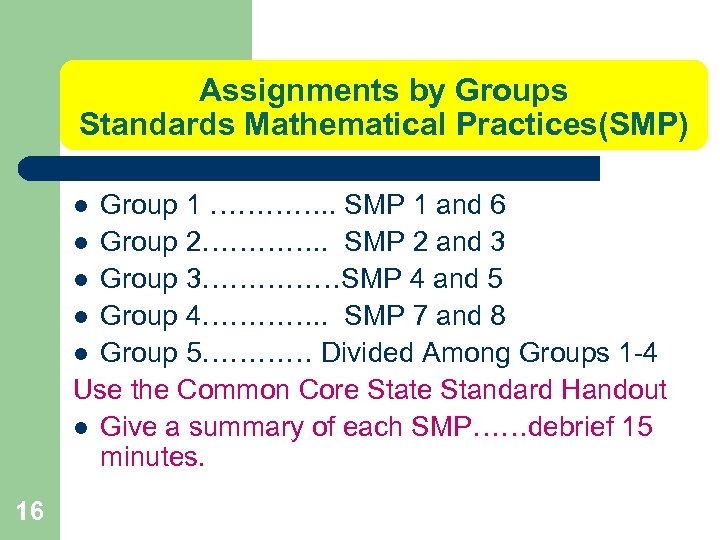 Assignments by Groups Standards Mathematical Practices(SMP) Group 1 …………. . SMP 1 and 6