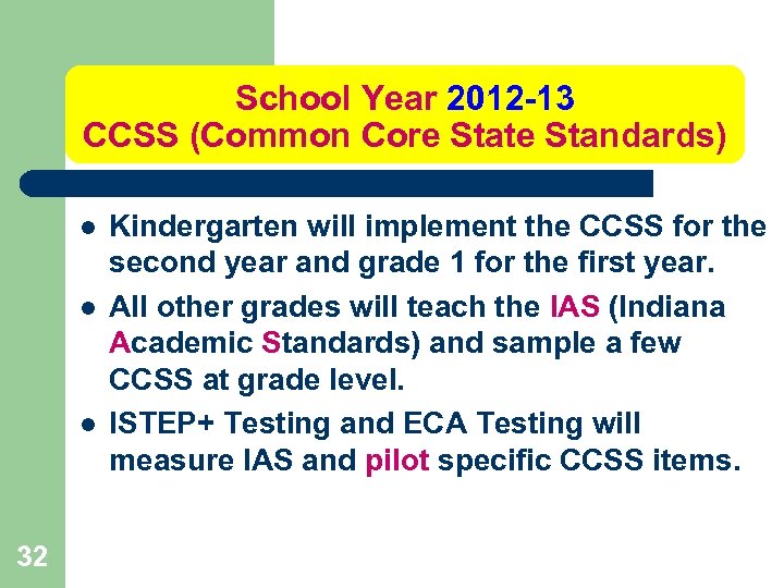 School Year 2012 -13 CCSS (Common Core State Standards) l l l 32 Kindergarten