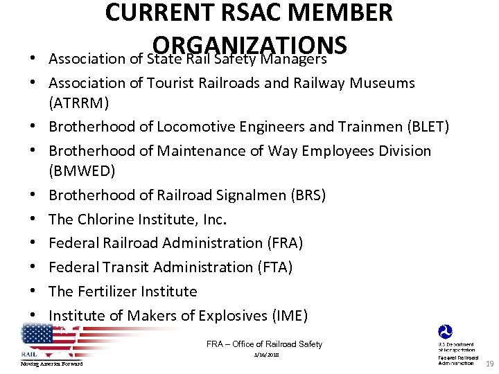 CURRENT RSAC MEMBER ORGANIZATIONS Association of State Rail Safety Managers • • Association of