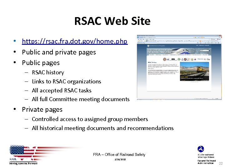 RSAC Web Site • https: //rsac. fra. dot. gov/home. php • Public and private