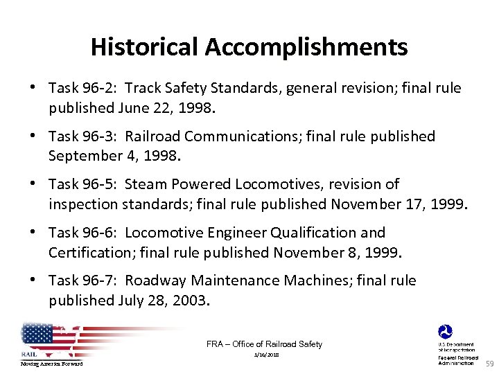 Historical Accomplishments • Task 96‐ 2: Track Safety Standards, general revision; final rule published