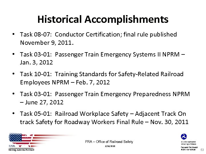 Historical Accomplishments • Task 08‐ 07: Conductor Certification; final rule published November 9, 2011.