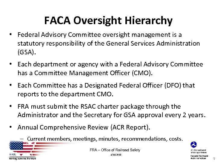 FACA Oversight Hierarchy • Federal Advisory Committee oversight management is a statutory responsibility of