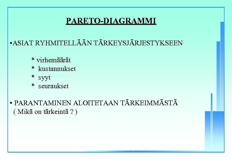 PARETO-DIAGRAMMI • ASIAT RYHMITELLÄÄN TÄRKEYSJÄRJESTYKSEEN * virhemäärät * kustannukset * syyt * seuraukset •