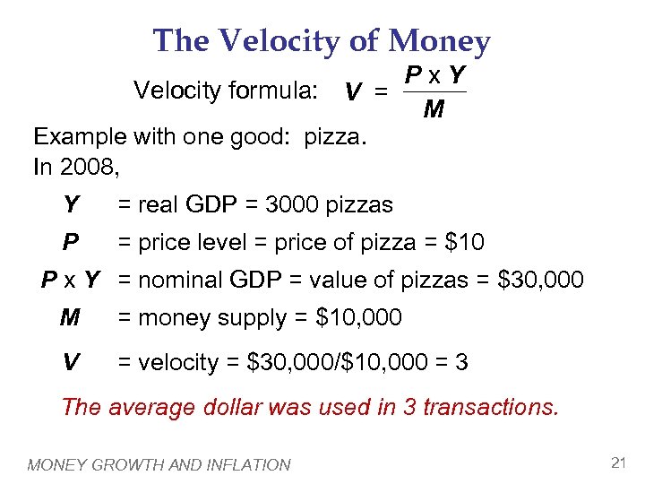 The Velocity of Money Px. Y Velocity formula: V = M Example with one
