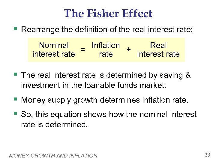 The Fisher Effect § Rearrange the definition of the real interest rate: Nominal Real