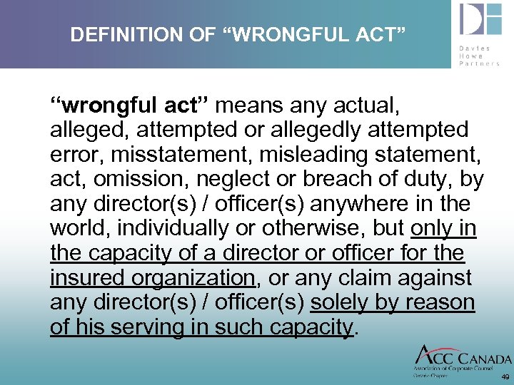 DEFINITION OF “WRONGFUL ACT” “wrongful act” means any actual, alleged, attempted or allegedly attempted