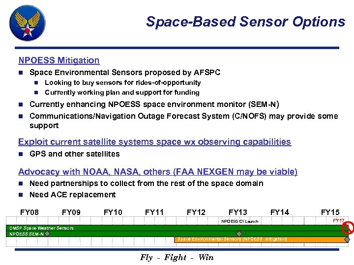 Space-Based Sensor Options NPOESS Mitigation n Space Environmental Sensors proposed by AFSPC Looking to