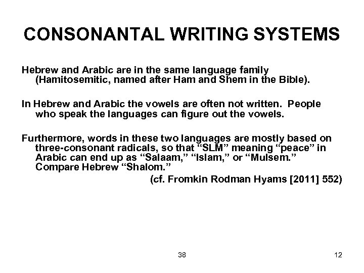 CONSONANTAL WRITING SYSTEMS Hebrew and Arabic are in the same language family (Hamitosemitic, named