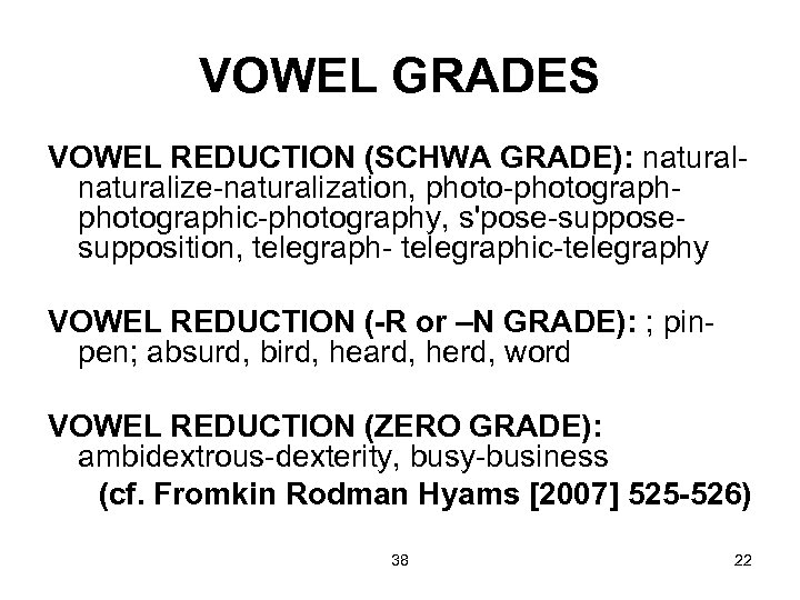 VOWEL GRADES VOWEL REDUCTION (SCHWA GRADE): naturalize-naturalization, photo-photographic-photography, s'pose-supposesupposition, telegraph- telegraphic-telegraphy VOWEL REDUCTION (-R