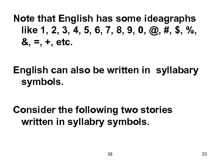 Note that English has some ideagraphs like 1, 2, 3, 4, 5, 6, 7,