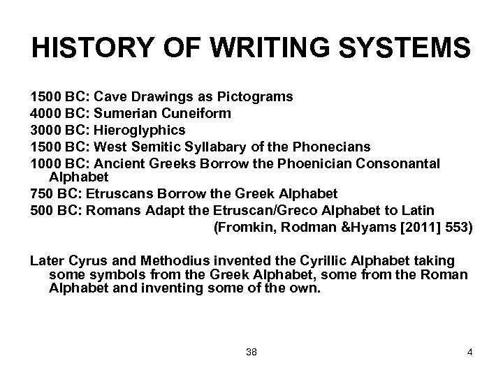 HISTORY OF WRITING SYSTEMS 1500 BC: Cave Drawings as Pictograms 4000 BC: Sumerian Cuneiform