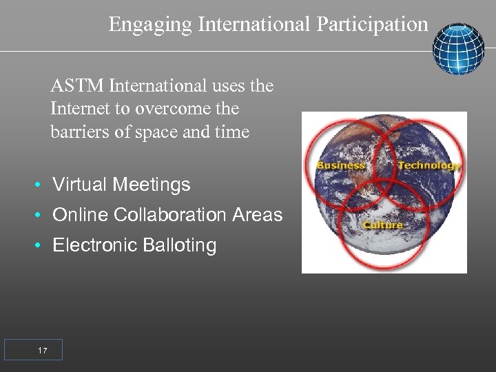 Engaging International Participation ASTM International uses the Internet to overcome the barriers of space