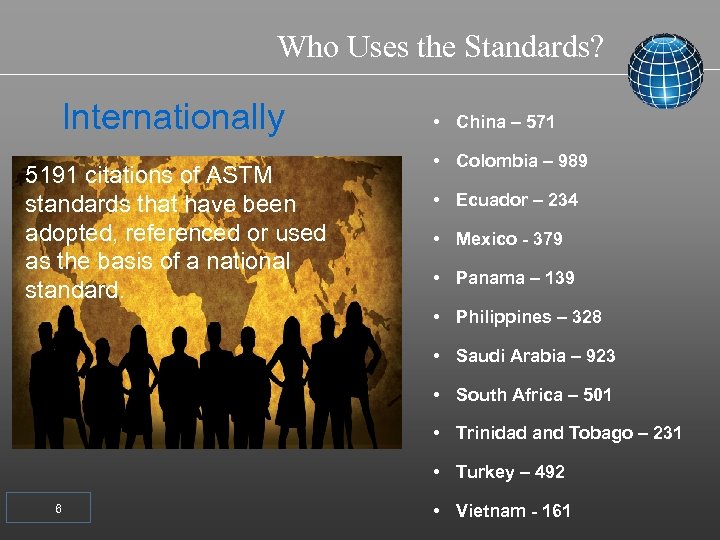 Who Uses the Standards? Internationally 5191 citations of ASTM standards that have been adopted,