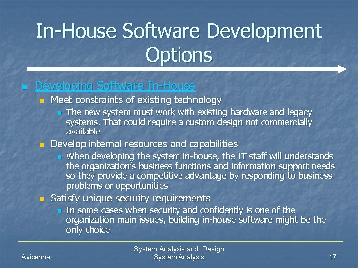 In-House Software Development Options n Developing Software In-House n Meet constraints of existing technology