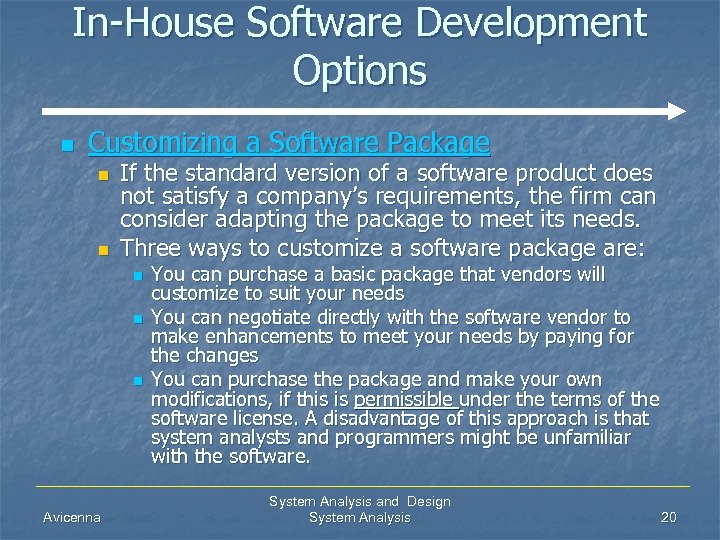 In-House Software Development Options n Customizing a Software Package n n If the standard