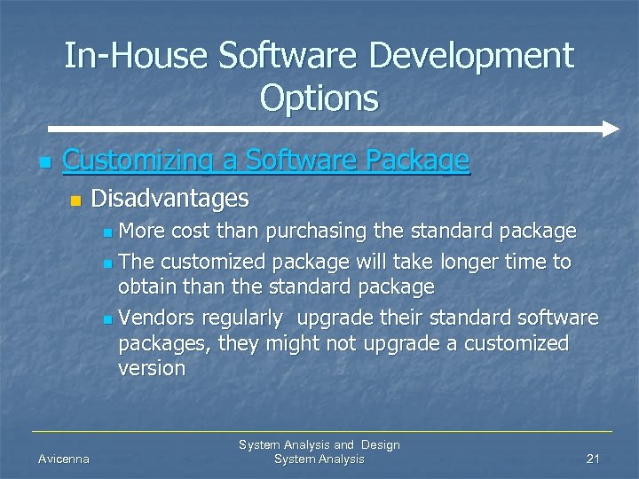 In-House Software Development Options n Customizing a Software Package n Disadvantages More cost than