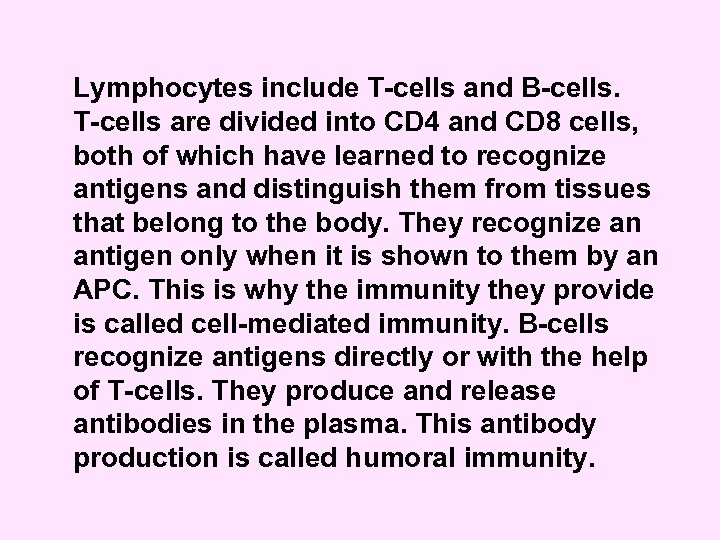 Lymphocytes include T-cells and B-cells. T-cells are divided into CD 4 and CD 8