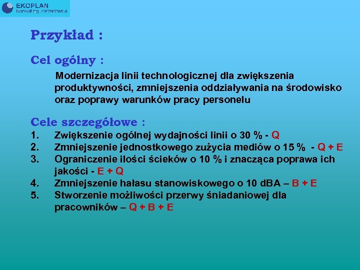 Przykład : Cel ogólny : Modernizacja linii technologicznej dla zwiększenia produktywności, zmniejszenia oddziaływania na