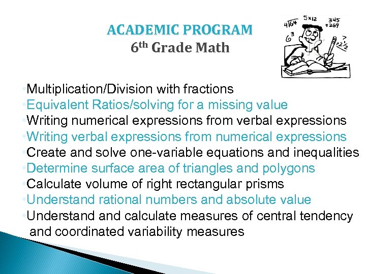 ACADEMIC PROGRAM 6 th Grade Math • Multiplication/Division with fractions • Equivalent Ratios/solving for