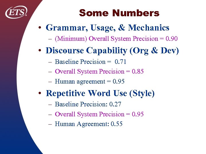 Some Numbers • Grammar, Usage, & Mechanics – (Minimum) Overall System Precision = 0.