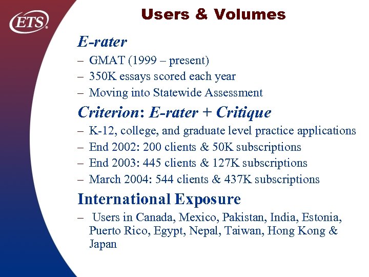 Users & Volumes E-rater – GMAT (1999 – present) – 350 K essays scored