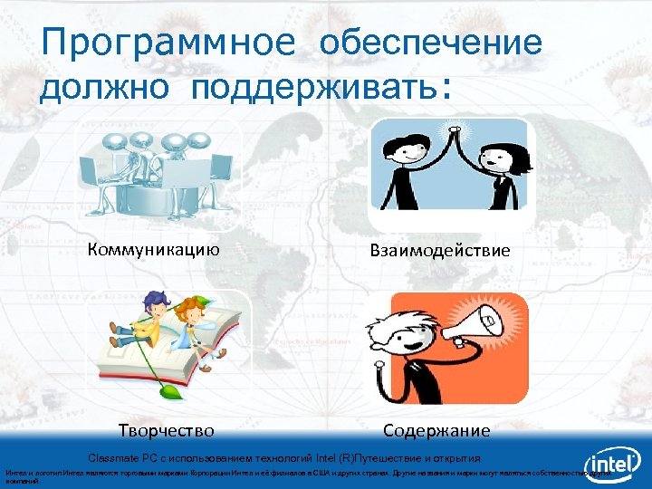 Программное обеспечение должно поддерживать: Коммуникацию Творчество Взаимодействие Содержание Classmate PC с использованием технологий Intel