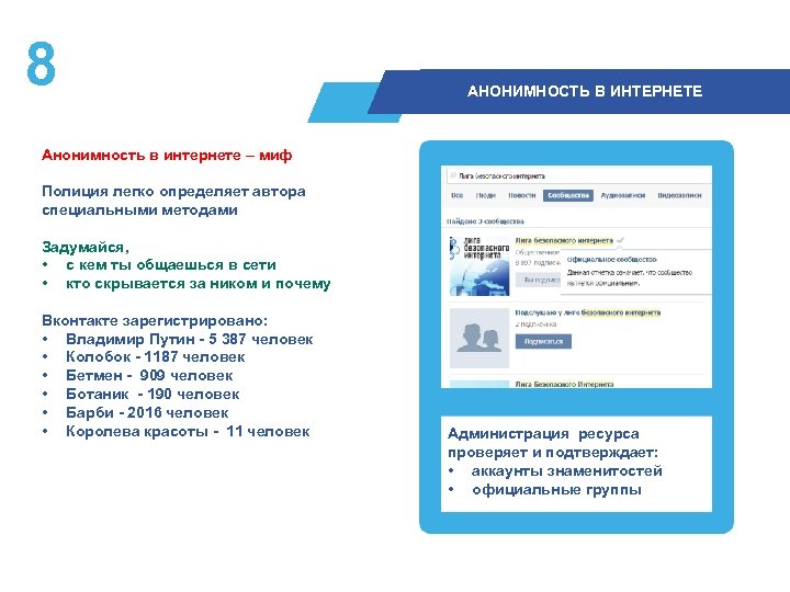 8 АНОНИМНОСТЬ В ИНТЕРНЕТЕ Анонимность в интернете – миф Полиция легко определяет автора специальными