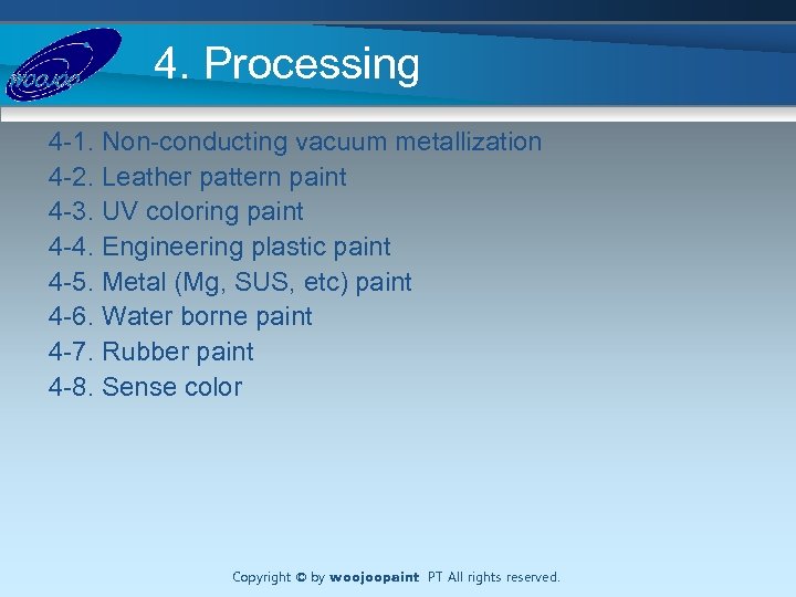 4. Processing 4 -1. Non-conducting vacuum metallization 4 -2. Leather pattern paint 4 -3.