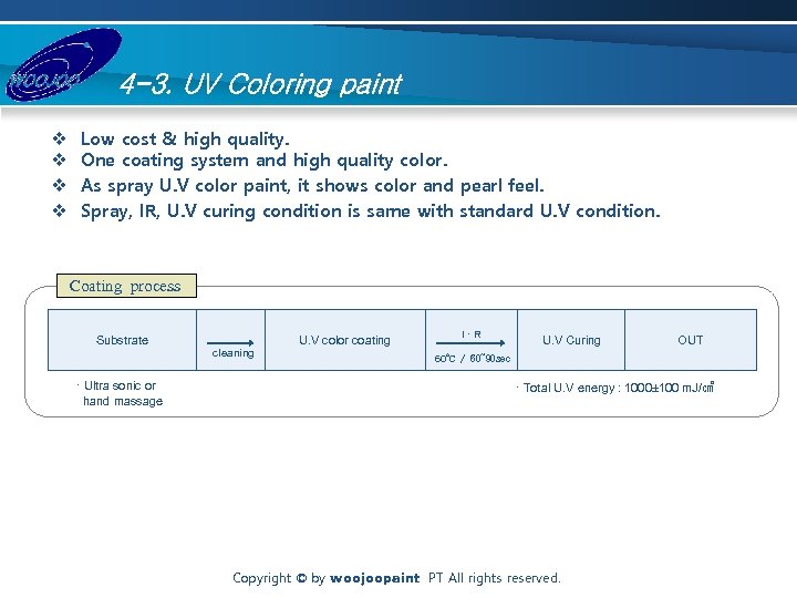 4 -3. UV Coloring paint v v Low cost & high quality. One coating