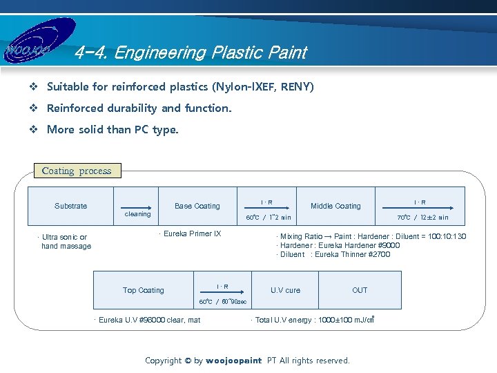 4 -4. Engineering Plastic Paint v Suitable for reinforced plastics (Nylon-IXEF, RENY) v Reinforced