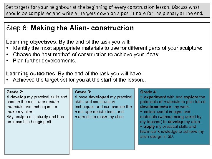 Set targets for your neighbour at the beginning of every construction lesson. Discuss what